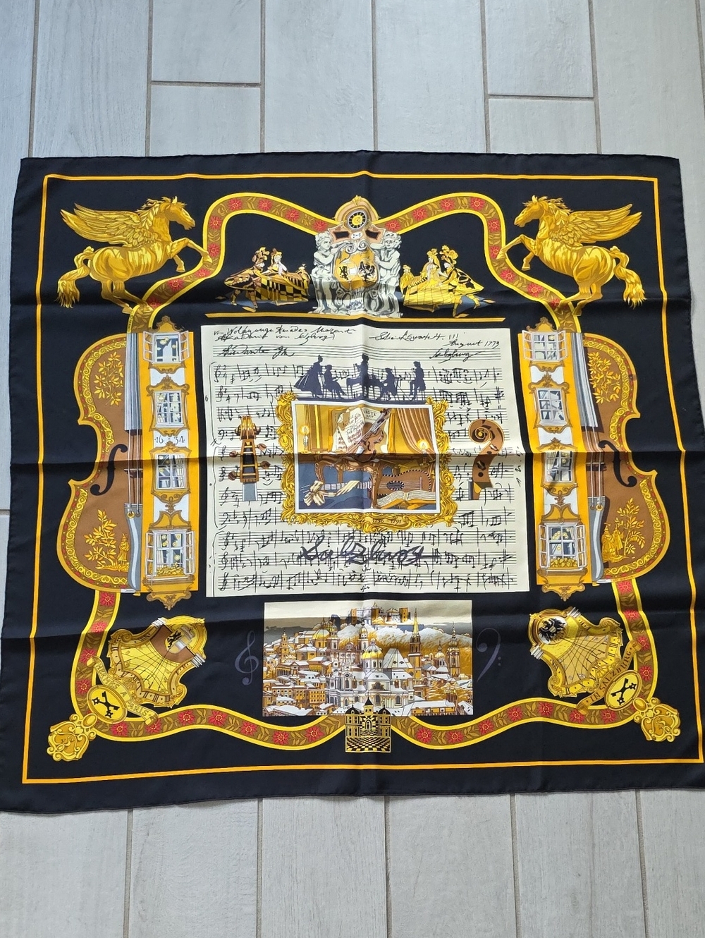 Hermes Carre 90 IN SALZBURG (Salzburg) Scarf/Muffler, Black Silk,